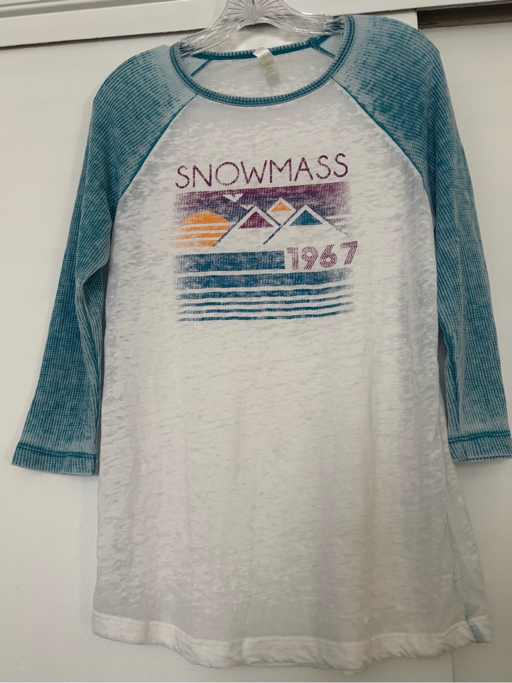 Snowmass 1967 White Tee with Teal Stitching Large